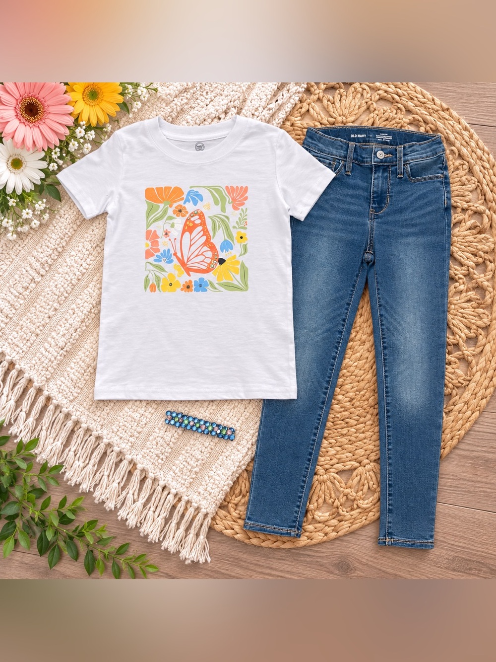 Wonder Nation Butterfly Tee + Old Navy Jeggings + Hair Clip | Sz 7